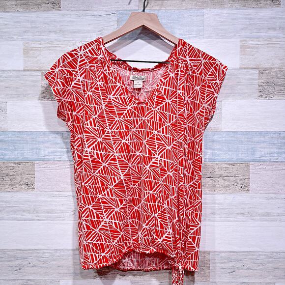 Lucky Brand Marny Mosaic Tile Top Orange White Tie Hem V Neck Boho Womens Medium - Picture 1 of 9